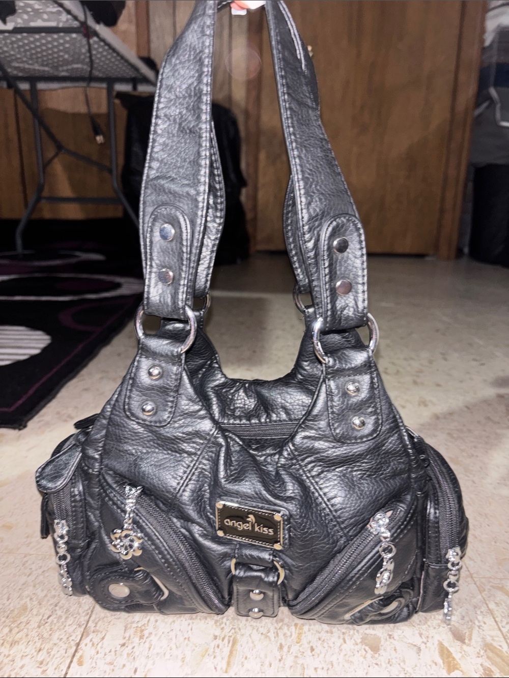 Angel Kiss Black Leather Shoulder Bag